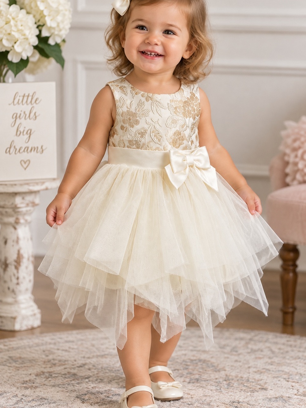 Bisetti Baby 18M Ivory Gold Floral Brocade Tulle Dress Bow